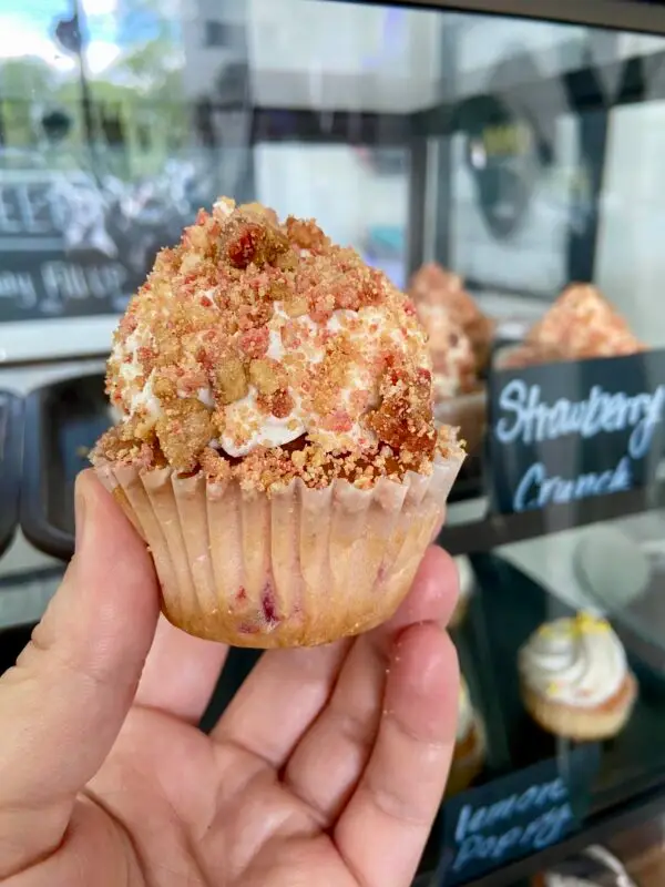 Strawberry cupcake with vanilla icing and strawberry crunch topping garnish