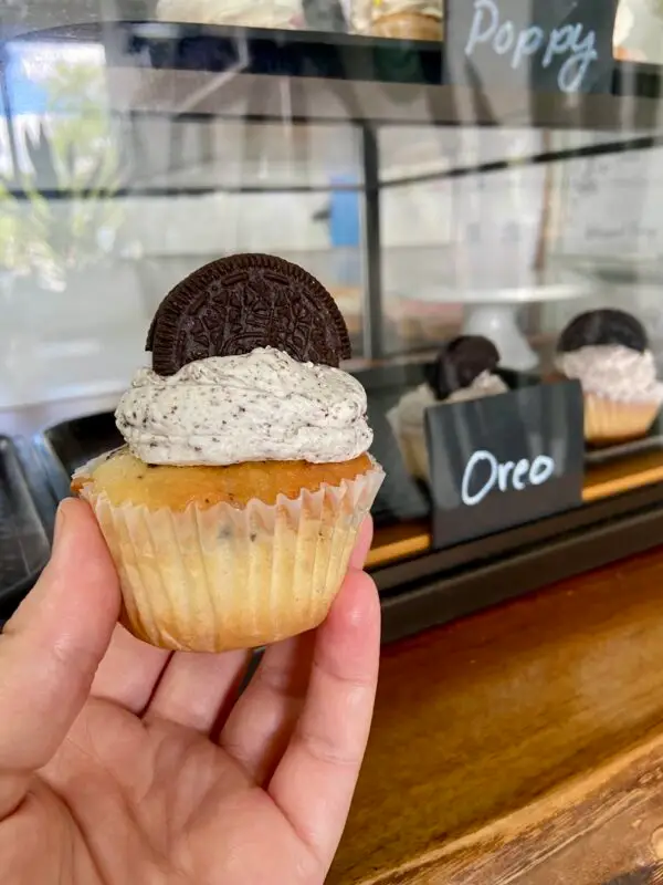 Vanilla cake with cookie crumbles and cookie icing with cookie garnish