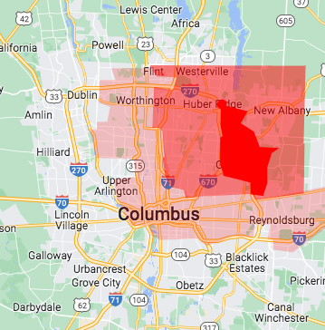 A map detailing the areas Fate Cakes offers delivery within Columbus, Ohio.