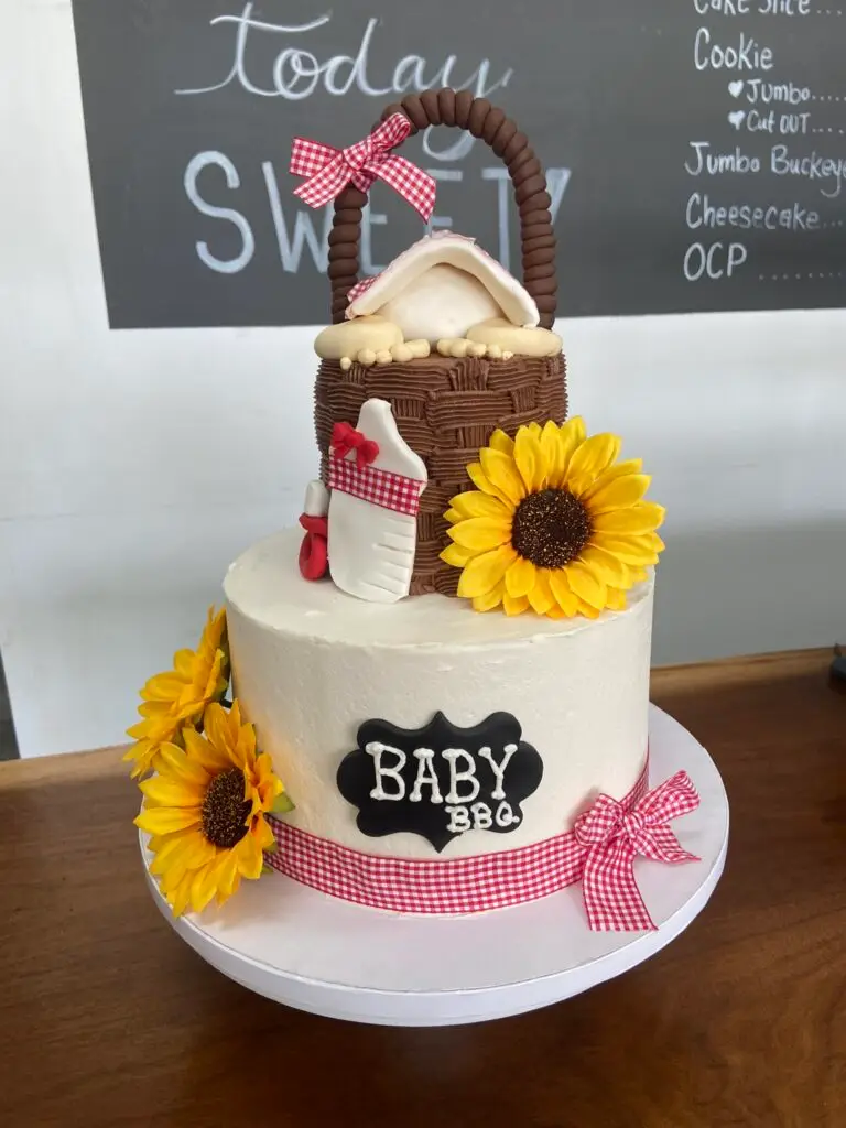 2-tiered BabyQ themed baby shower cake