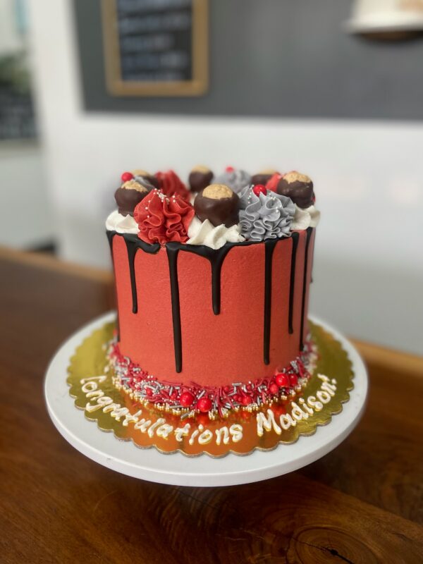 6" Scarlet and grey with buckeye candies and chocolate drip