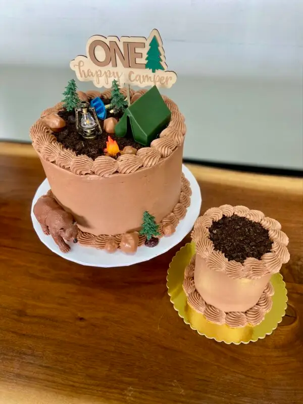 8" Camping theme with plastic toppers and matching 4" smash cake
