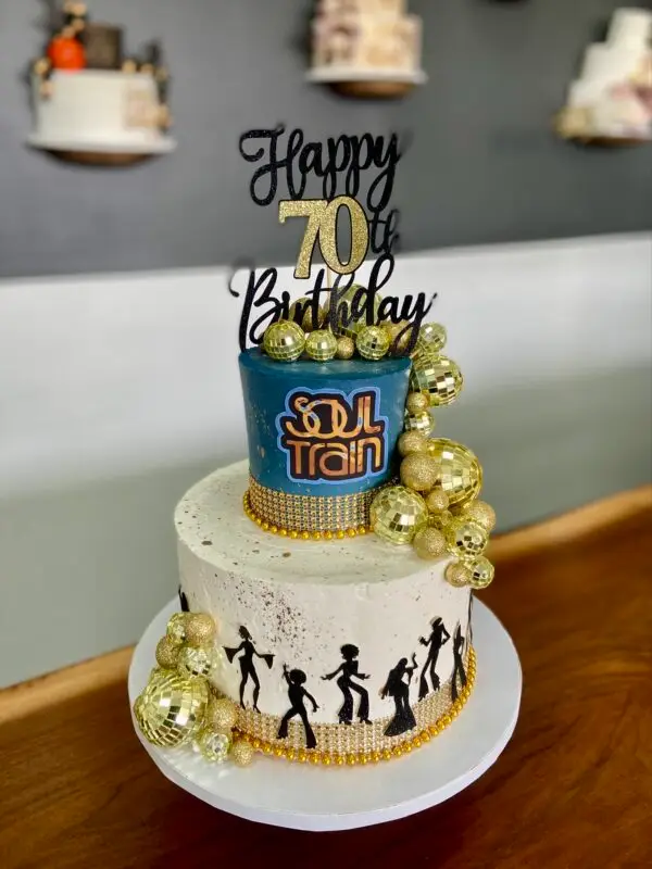 4"/8" disco theme with plastic/paper topper, rhinestone border and edible gold splatter