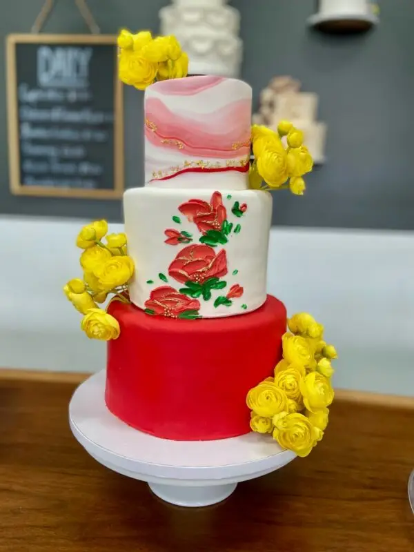 4"/6"/8" All fondant with hand painted floral, edible gold leaf and artificial flowers
